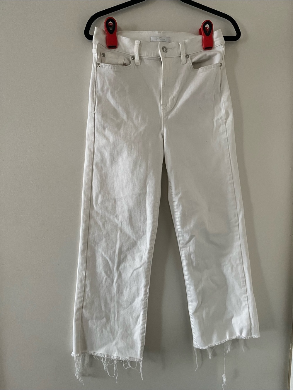7 For All Mankind White Wide Leg Jeans 28 Raw Hem Preppy Minimalist Old Money